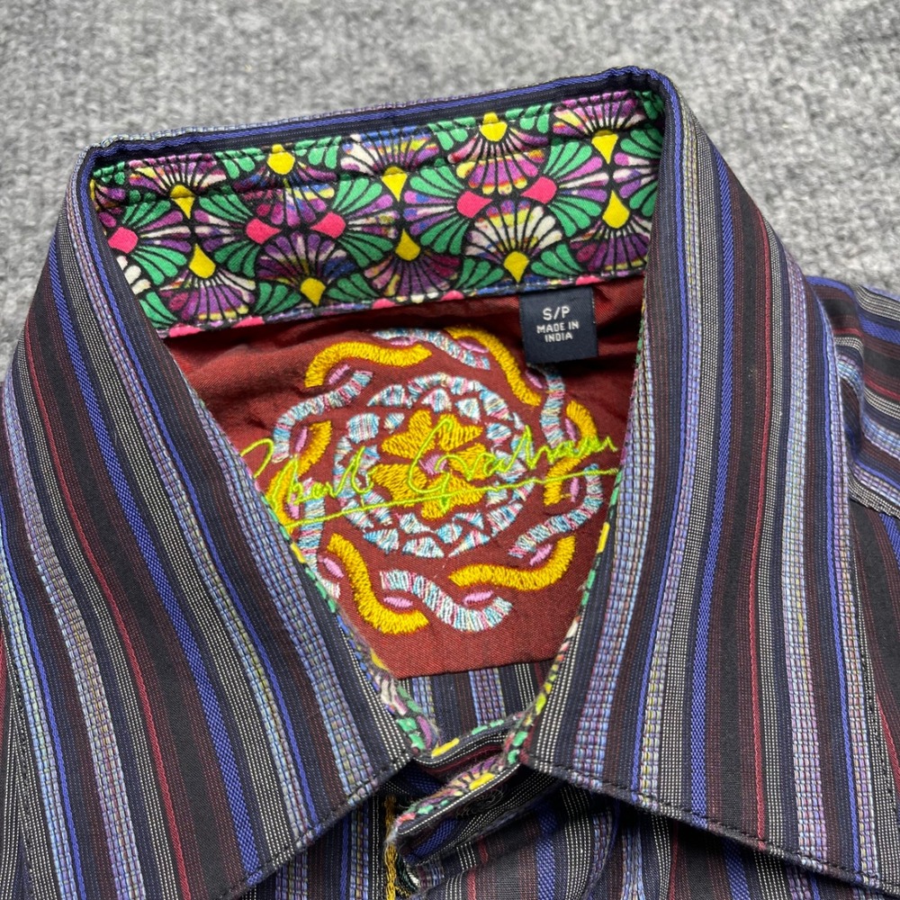 Robert Graham Mens Small Striped Button Down Shirt Embroidered Flip Cuff - Picture 2 of 7